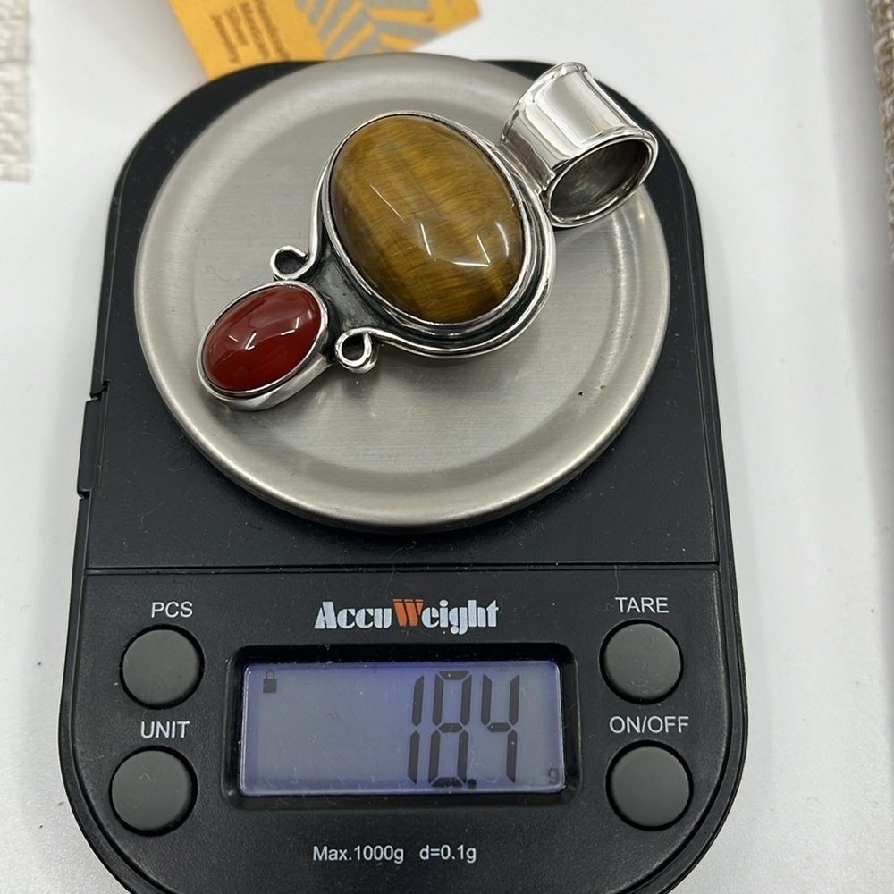 Vintage CII Mexico 925 Sterling Tiger's Eye & Carnelian Pendant Heavy 18.4g - Picture 5 of 16
